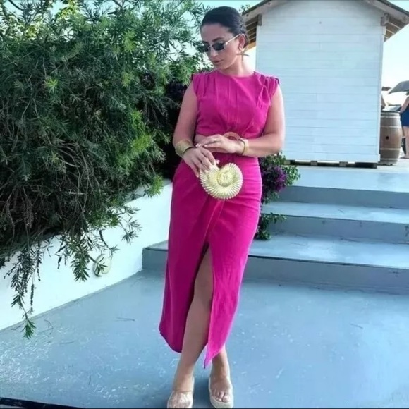 ZARA LINEN BLEND CUT OUT RASPBERRY DRESS WITH BUCKLE XS 👗 - Picture 15 of 16
